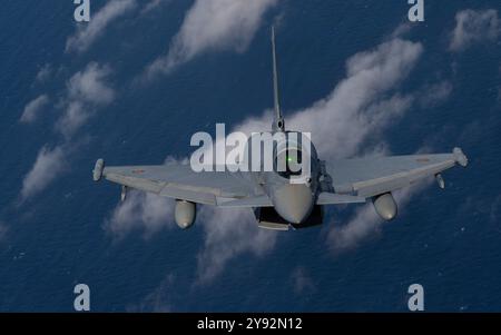 A Spanish Air Force Eurofighter Typhoon participating in NATO exercise Ramstein Flag 24 flies over the west coast of Greece, Oct. 4, 2024. Over 130 fi Stock Photo