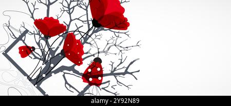 Abstract nature background. Red poppy flowers in a frame.  Hand drawn vector. Stock Vector