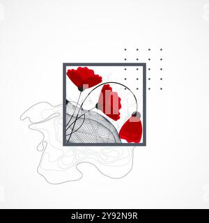Abstract nature background. Red poppy flowers in a frame.  Hand drawn vector. Stock Vector