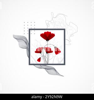 Abstract nature background. Red poppy flowers in a frame.  Hand drawn vector. Stock Vector