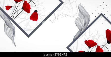 Abstract nature background. Red poppy flowers in a frame.  Hand drawn vector. Stock Vector