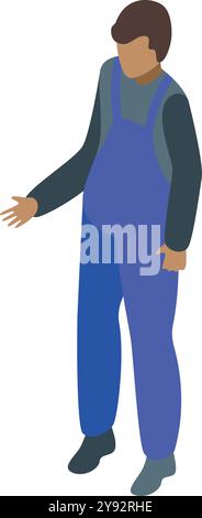 Young mechanic wearing blue overalls standing isometrically Stock Vector