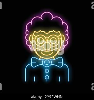 Neon sign representing the portrait of a smiling clown with a funny wig and a bow tie, ideal for promoting circus or amusement park shows Stock Vector