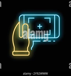 Neon icon of hand holding smartphone and taking photo with cross sign in center Stock Vector