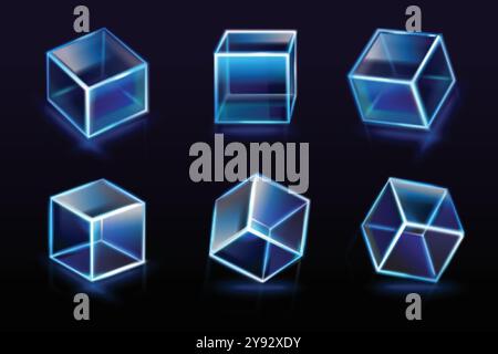Glass neon cubes. Lighting cube crystal block, glow plastic geometric shape blockchain futuristic technology glowing clear box overlay effect 3d realistic exact vector illustration original artwork Stock Vector