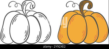 Pumpkin set black outline doodle illustration and color version. Autumn seasonal vegetable isolated on white background, vector graphics Stock Vector