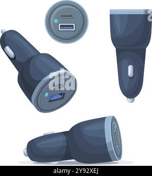 Usb car charger. Phone charging mobile device auto power adapter, drive cigarette lighter 12v inverter accumulator charge portable plug accessory, cartoon neat vector illustration original artwork Stock Vector