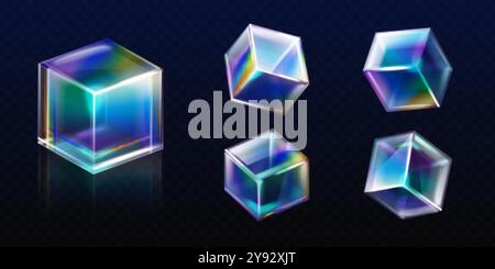 Glass cubes refraction. Realistic glass or plastic cube light neon dispersion, glassy geometric square block translucent surface crystal reflection set 3d exact vector illustration original artwork Stock Vector