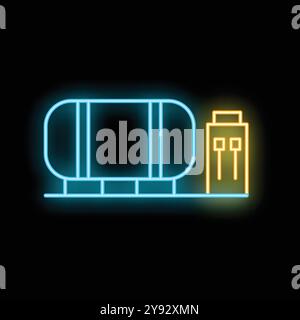 Glowing neon icon of industrial equipment with control panel, signifying manufacturing processes and automation Stock Vector