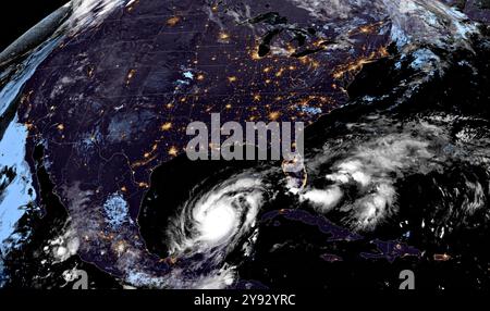 Gulf of Mexico, United States. 08th Oct, 2024. Dawn view of Hurricane Milton, currently a catastrophic Category 4 hurricane with winds of 155 mph, continues to churn across the Gulf of Mexico heading for Florida, shown on the GOES-East satellite at 10:09 GMT, October 8, 2024 North of The Yucatan Peninsula, Mexico. Credit: GOES-East/NOAA/Alamy Live News Stock Photo