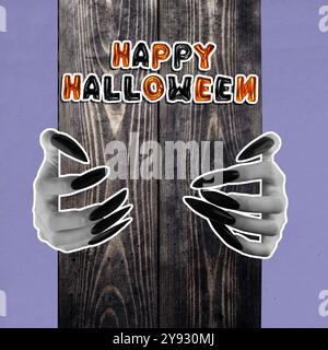 Witch hand with long black nail holding board with Happy Halloween sign. The color is green. Evil, zombie, or monster hand. The scene is scary and cre Stock Photo