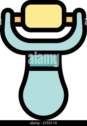 Kitchen utensil icon depicting vegetable peeler with green handle, designed in cartoon style Stock Vector
