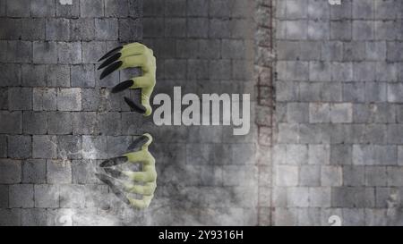 Two witch hands reaching out from behind brick wall on dark background. Scene is scary and creepy. The hand appearing to be a evil, satan, zombie or a Stock Photo