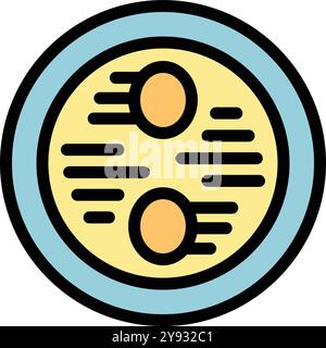 Petri dish icon in a flat design with a blue outline, showing two yellow circles with lines around them on a yellow background, representing bacteria or cells growing in a science experiment Stock Vector
