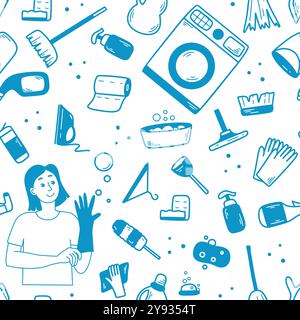 Cleaning service seamless pattern. Background with objects and equipment for cleaning and tidying an apartment, hotel, office. Housework print, doodle Stock Vector