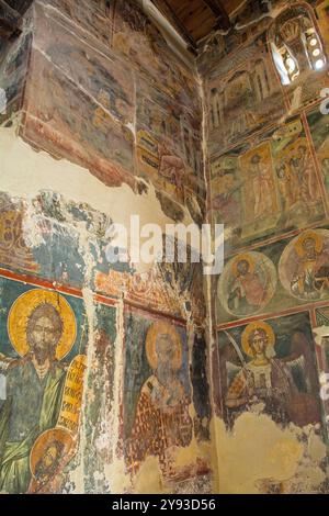 Interior of Eastern Orthodox St Mary Blachernae or Blaherna Church in Berat, Albania. Nicholas Onufri frescos,characteristic Albanian iconography Stock Photo