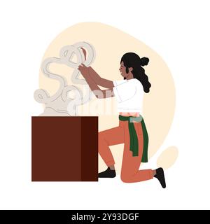Woman standing in front of stone statue on stand to create vector illustration Stock Vector