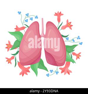 Human lungs in flowers and leaves, healthy organ of respiratory system vector illustration Stock Vector