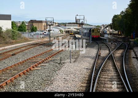 Paignton railway stations, South Devon, seen from a departing train on the Dartmouth Steam Railway. Stock Photo