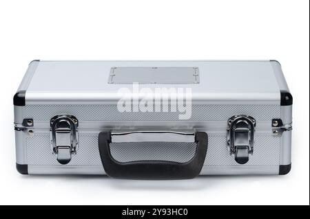 Closed metal briefcase front view isolated on studio background Stock Photo