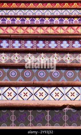 Vibrant colourful ceramic tiles inspired by 19th Century architect Augustus Pugin. Known as The Pugin Steps or Kent Steps in Ramsgate. Stock Photo