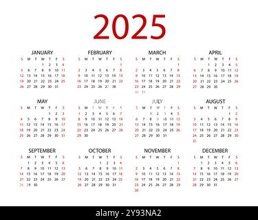 Calendar for 2025 on white background Stock Vector