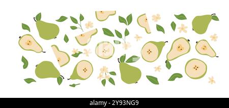 Hand drawn abstract fruit plant set. Whole fruit, slices, pieces and leaves, flowers. Can used for posters, labels, patterns. Stock Vector