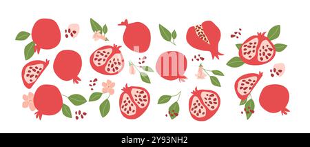 Hand drawn abstract fruit pomegranate plant set. Whole fruit, slices, pieces and leaves, flowers. Can used for posters, labels, patterns. Stock Vector