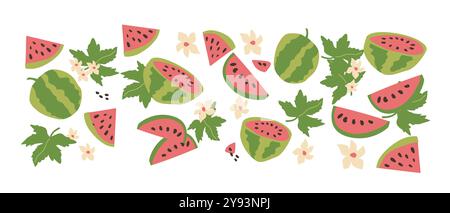 Hand drawn abstract fruit plant set. Whole fruit, slices, pieces and leaves, flowers. Can used for posters, labels, patterns. Stock Vector