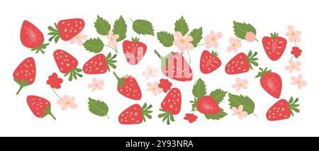 Hand drawn abstract strawberry plant set. Whole fruit, slices, pieces and leaves, flowers. Can used for posters, labels, patterns. Stock Vector