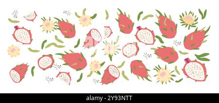 Hand drawn abstract fruit plant set. Whole fruit, slices, pieces and leaves, flowers. Can used for posters, labels, patterns. Stock Vector