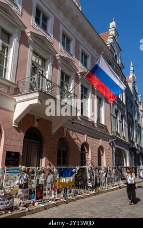 Views of banners outside Russian embassy protesting war in Ukraine in the old town in central Tallinn, Estonia, Europe Stock Photo