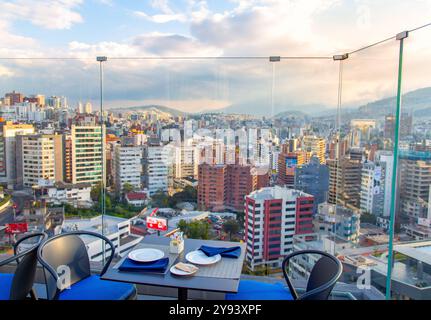 Central Quito at sunset, the highest capital city in the world,in the foothills of the Andes mountains, Quito, Ecuador, South America Stock Photo