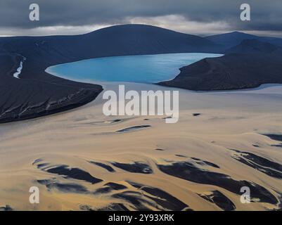 Aerial view taken by drone of Skyggnisvtn lake in Landmannalaugar area, during a summer day, Iceland, Polar Regions Stock Photo