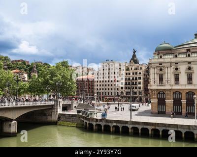 Puente del Arenal over the River Nervion and the Arriaga Theatre, Arriaga Plaza, Bilbao, Basque Country, Spain, Europe Stock Photo