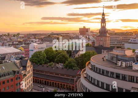 View of Oslo Cathedral and city skyline from elevated position at sunset, Oslo, Norway, Scandinavia, Europe Stock Photo