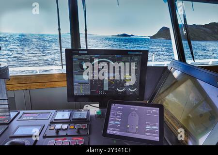 Norwegian Sea ,  12th September, 2024  Instruments and navigation aides on the bridge of the Kong Harald, cruise ship Stock Photo