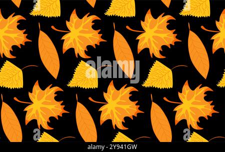 Seamless autumn pattern with leaves orange on dark background vector illustration Stock Vector