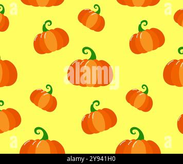 Cosy autumn pumpkins pattern on yellow background. Orange cartoon pumpkins. Cute design for wrappin, decoration, home decor, kids textile Stock Vector