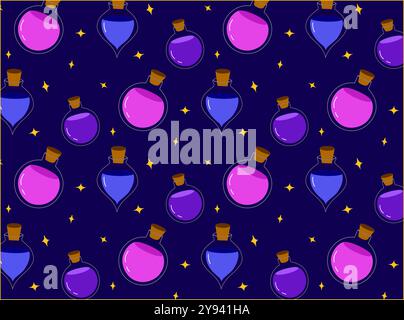 Seamless vector pattern with cute glass potion bottles with bows and ribbons. Coquette style magic love elixirs on purple background. Witchcraft and a Stock Vector