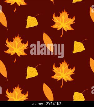 Seamless pattern with autumn oak leaves in red, yellow and orange. vector cartoon illustration. Perfect for wallpaper, gift paper, textile, greeting c Stock Vector