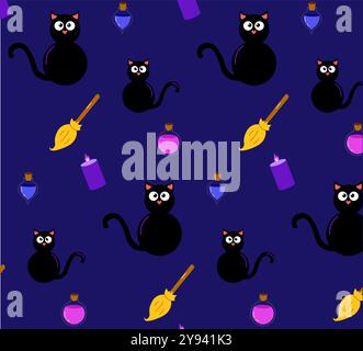 Seamless Halloween pattern. Vector illustration of Halloween party. Black cat, broom, potion, candle on a dark background. Vector cartoon seamless pat Stock Vector