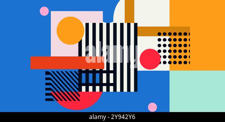 Colorful geometric shapes blend into a dynamic pattern with a Brutalist influence, featuring bold lines and contrasting elements that captivate the vi Stock Photo