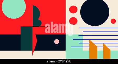 The artwork showcases a collection of geometric shapes and patterns, incorporating a striking Brutalist style with bold colors and structured elements Stock Photo
