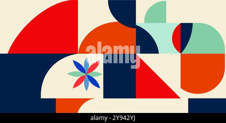 This artwork features a composition of vibrant geometric shapes and patterns, reflecting Brutalist design elements with a modern artistic flair. Stock Photo