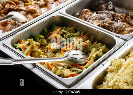 An array of El Salvadoran inspired street foods displayed in stainless steel trays, featuring rice, grilled meats, and mixed vegetables freshly served Stock Photo