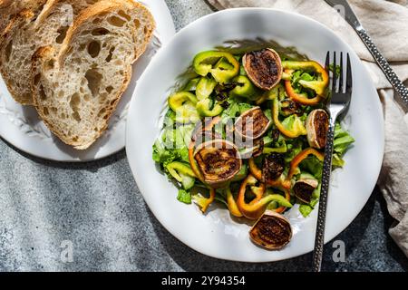 Top view of a nutritious hot salad featuring crispy fried onion rings, fresh lettuce leaves, sliced green bell peppers, and roasted mini eggplants hal Stock Photo