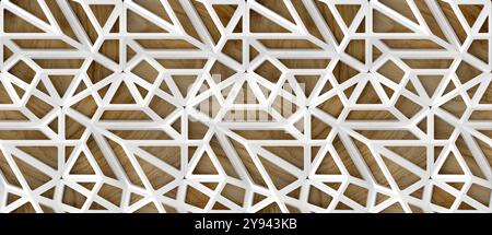 A seamless 3D geometric pattern featuring a striking combination of white and wooden textures creates a versatile wallpaper design theme Stock Photo