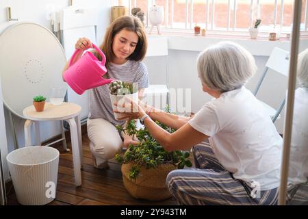 A scene showing a mother and her daughter taking care of house plants together in a bright interior space The daughter pours water from a pink waterin Stock Photo