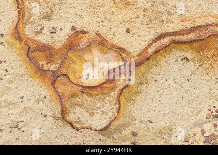 This image captures the natural beauty of a sandstone surface with unique rust-toned patterns and intriguing textures, creating an abstract image that Stock Photo